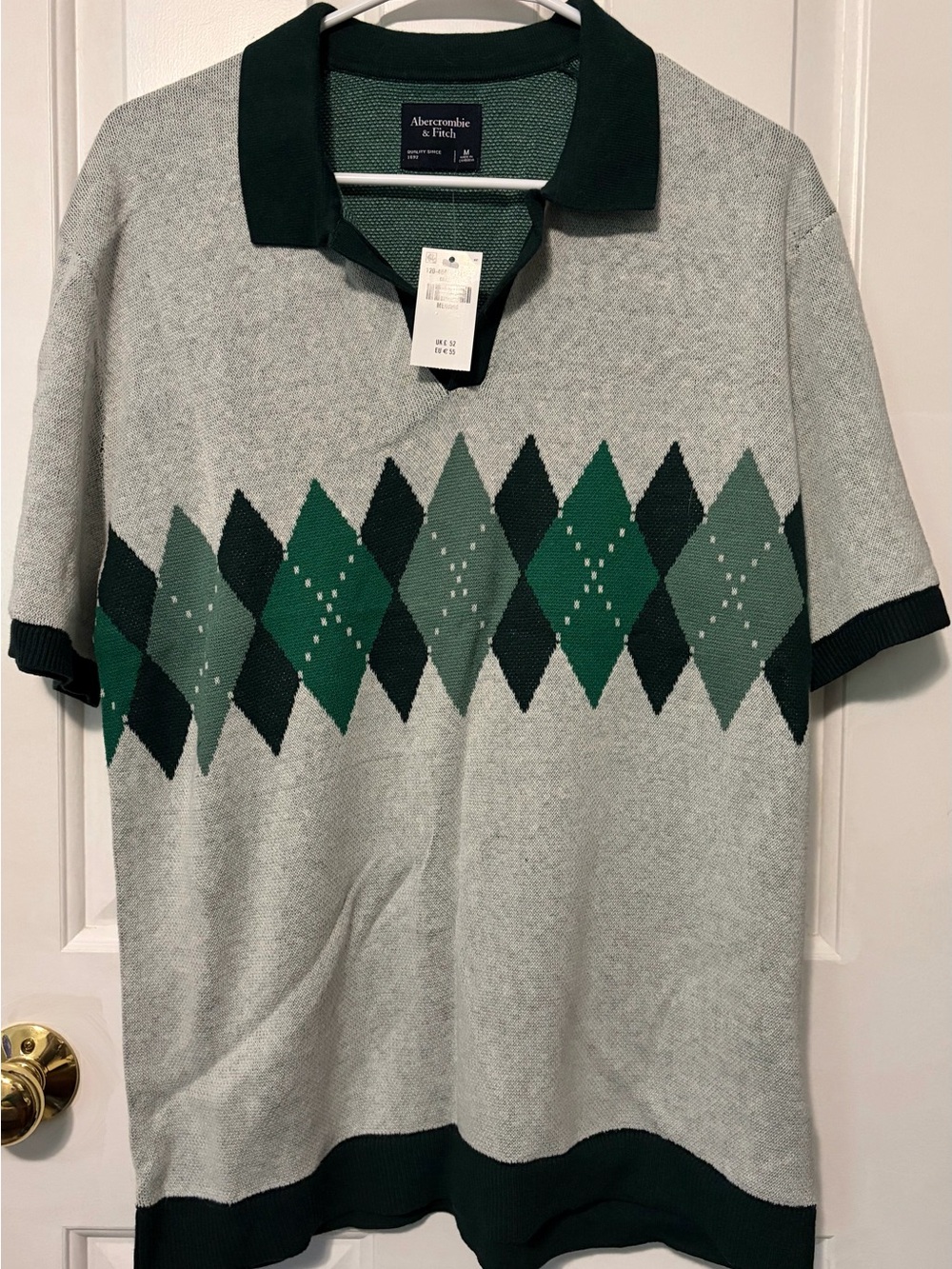 Abercrombie & Fitch Gray Sweater Polo with Green Argyle Pattern